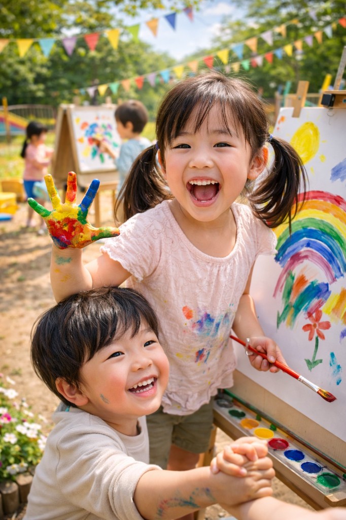 絵の具をする子どもたち